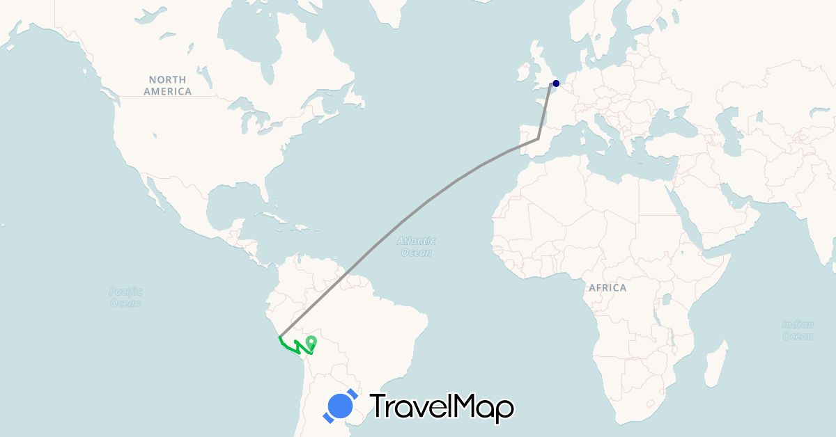 TravelMap itinerary: driving, bus, plane in Bolivia, Spain, United Kingdom, Peru (Europe, South America)